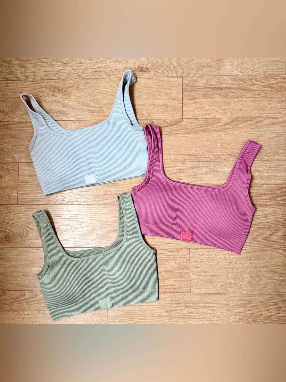 SMR - Ribbed Scoop Sports Bra Trio - Pastel Green, Dusty Rose, White